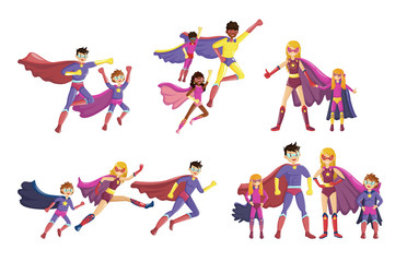 Fototapeta na wymiar Superheroes smiling parents and their children in super hero costumes