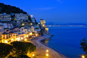 Night view of a town on the Amalfi coast in Italy
