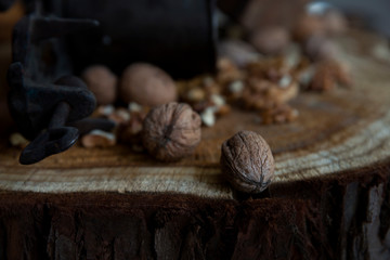 Walnuts on Rustic Old Table with Vintage Hand Grinder
