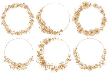 Six floral frames. Set of hand drawn vector illustration. Circle of spring flowers. Round gold ornament.