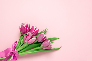 Fototapeta premium top view flat lay cute pink tulips with silk ribbon on a soft pink background with copy space, spring holidays card concept