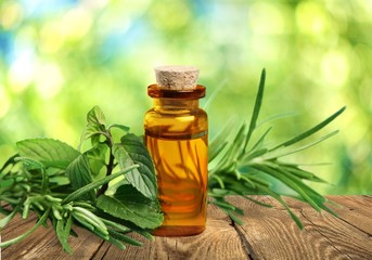 The fresh herbal and essential oil in a glass bottle