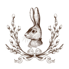.Easter Bunny in a wreath of willow branches.Engraved design elements.Festive vintage image.Hand drawn vector illustration.. © INESA