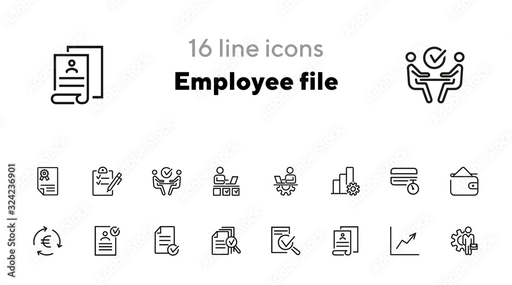 Sticker employee file line icon set. profile, personal data, cv, graph. human resource concept. can be used 