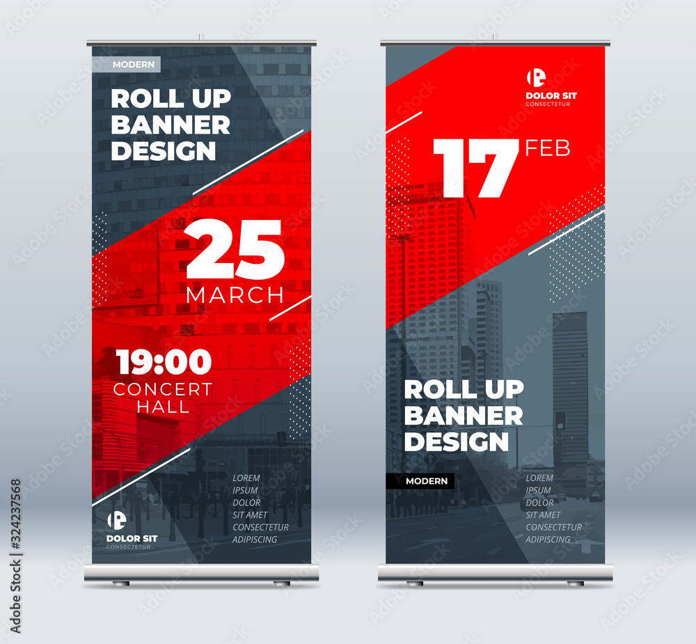 Poster red business roll up banner. abstract roll up background for presentation. vertical roll up, x-stand