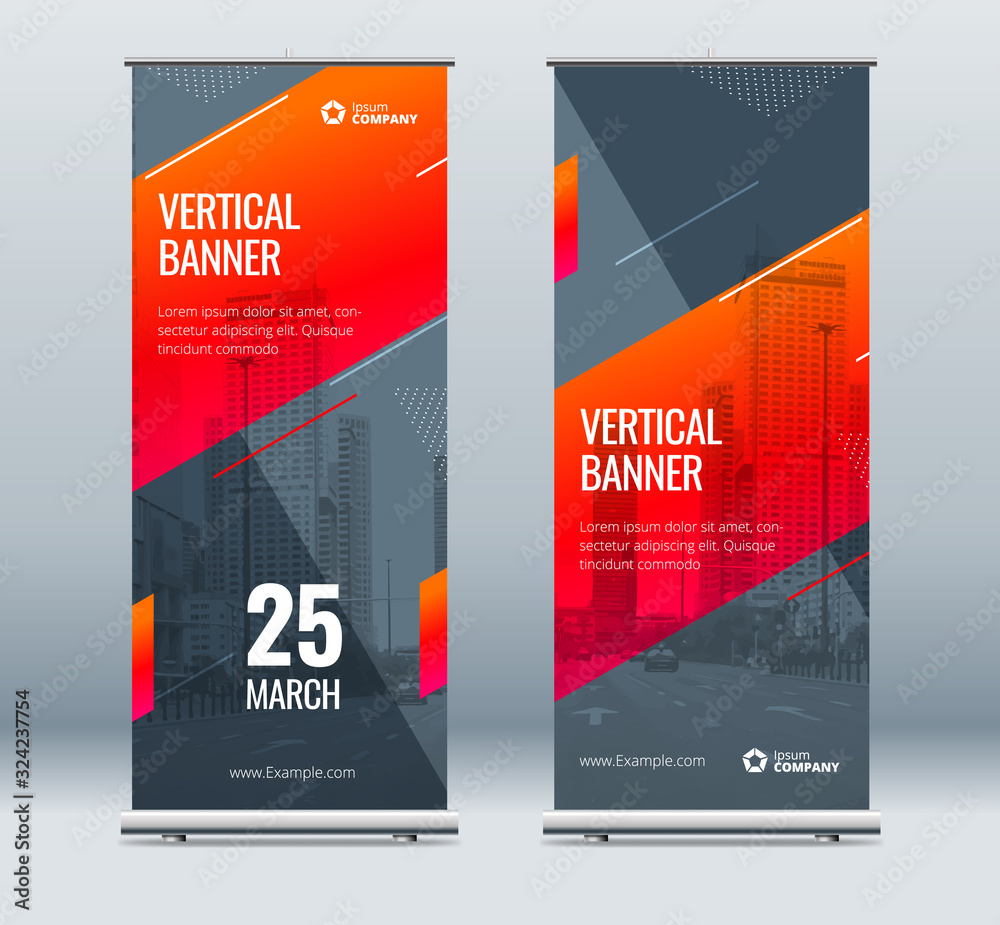 Sticker red business roll up banner. abstract roll up background for presentation. vertical roll up, x-stand