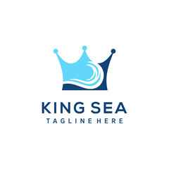 Blue King Crown and Water Sea Waves for Boat Ship logo design