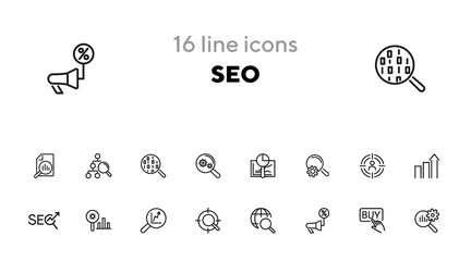 SEO line icon set. Buy button, discount announcement, but button. Business concept. Can be used for topics like optimization, marketing, ecommerce © SurfupVector