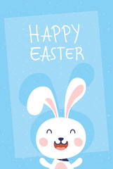 happy easter celebration card with lettering and rabbit