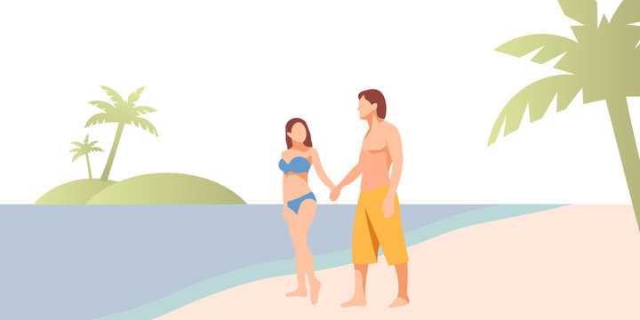 Couple of lovers on the beach. Woman holding hands with man on seashore. Tropical islands. Palm trees. Traveling picnic concept. Boyfriend and girlfriend. Honeymoon on island - Flat illustration.