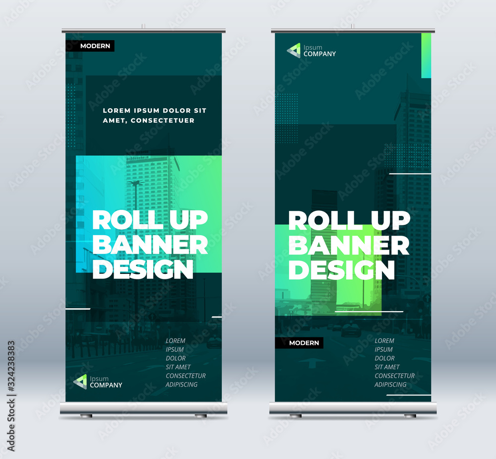 Poster green business roll up banner. abstract roll up background for presentation. vertical roll up, x-sta