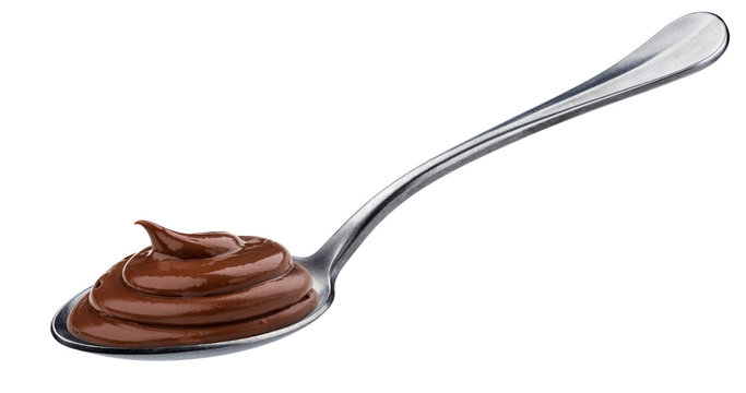 Swirl of chocolate cream in spoon isolated on white background
