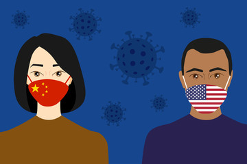 Coronavirus in China and USA. Novel coronavirus 2019-nCoV , woman and man in red medical face mask.