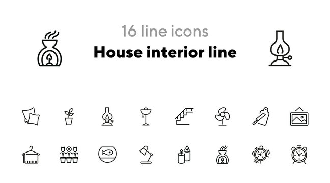 House interior line icons. Set of line icons on white background. Decoration concept. Flowers, stair, candles. Vector illustration can be used for topics like decoration, home, design