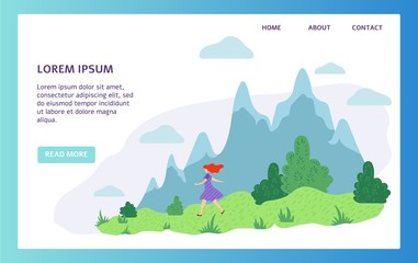 Girl walking in nature, mountain hiking vacation website design, vector illustration. Simple nature landscape in flat style, woman in dress walk on summer meadow. Vacation travel, outdoor activity