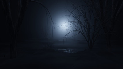 dark and foggy forest swamp 3d rendering illustration background - obrazy, fototapety, plakaty
