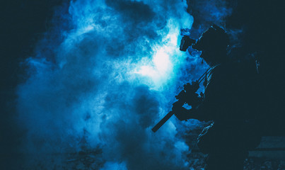 Silhouette of modern infantry soldier, elite army fighter in tactical ammunition and helmet,...