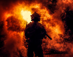 Silhouette of modern infantry soldier, elite army fighter in tactical ammunition and helmet,...