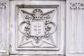 Warsaw, Poland - January 2020. Elements of Gothic tomb near Wilanow palace in Warsaw. Mausoleum of Potocki and Church of Saint Anne in Wilanow. Wilanow palace area. 