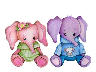 Toy cartoon cute little elephants kids sitting , watercolor hand drawn illustration for children. Hand drawn isolated sketch.