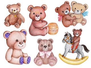 Set of watercolor illustrations of teddy bears, cute cartoon plush bears. Watercolor. Isolated.