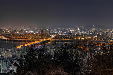 Fototapeta na wymiar 서울 매봉산에서 바라본 낮 도시 풍경과 밤 야경