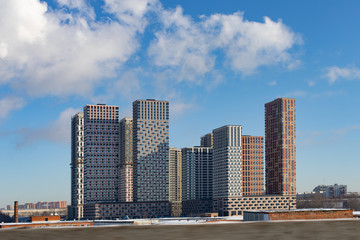 City landscape, residential area high-rise buildings. Modern multi-storey apartment building, architecture residential block