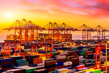 Industrial port container freight terminal at beautiful sunset in Shanghai,China.
