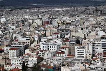 Partial view of Athens city from Acropolis hill in Athens, Greece