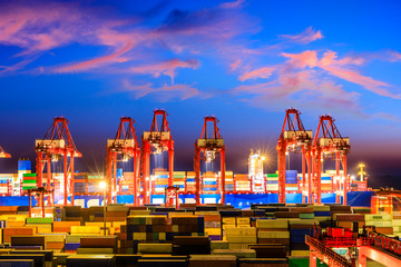 Industrial port container freight terminal at beautiful sunset in Shanghai,China.