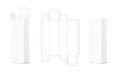 Realistic cardboard packaging box mockup with lay out draw. Vector illustration isolated on white background. Can be use for medicine, food, cosmetic and other. Ready for your presentation. EPS10.	