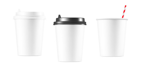 Blank paper cup mockup with straw. Coffee to go, take out mug. Vector illustration isolated and can be use for any backgrounds. EPS10.	