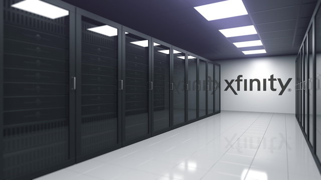 XFINITY logo in the server room, editorial 3D rendering