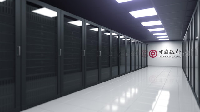 BANK OF CHINA logo in the modern server room, editorial 3D rendering
