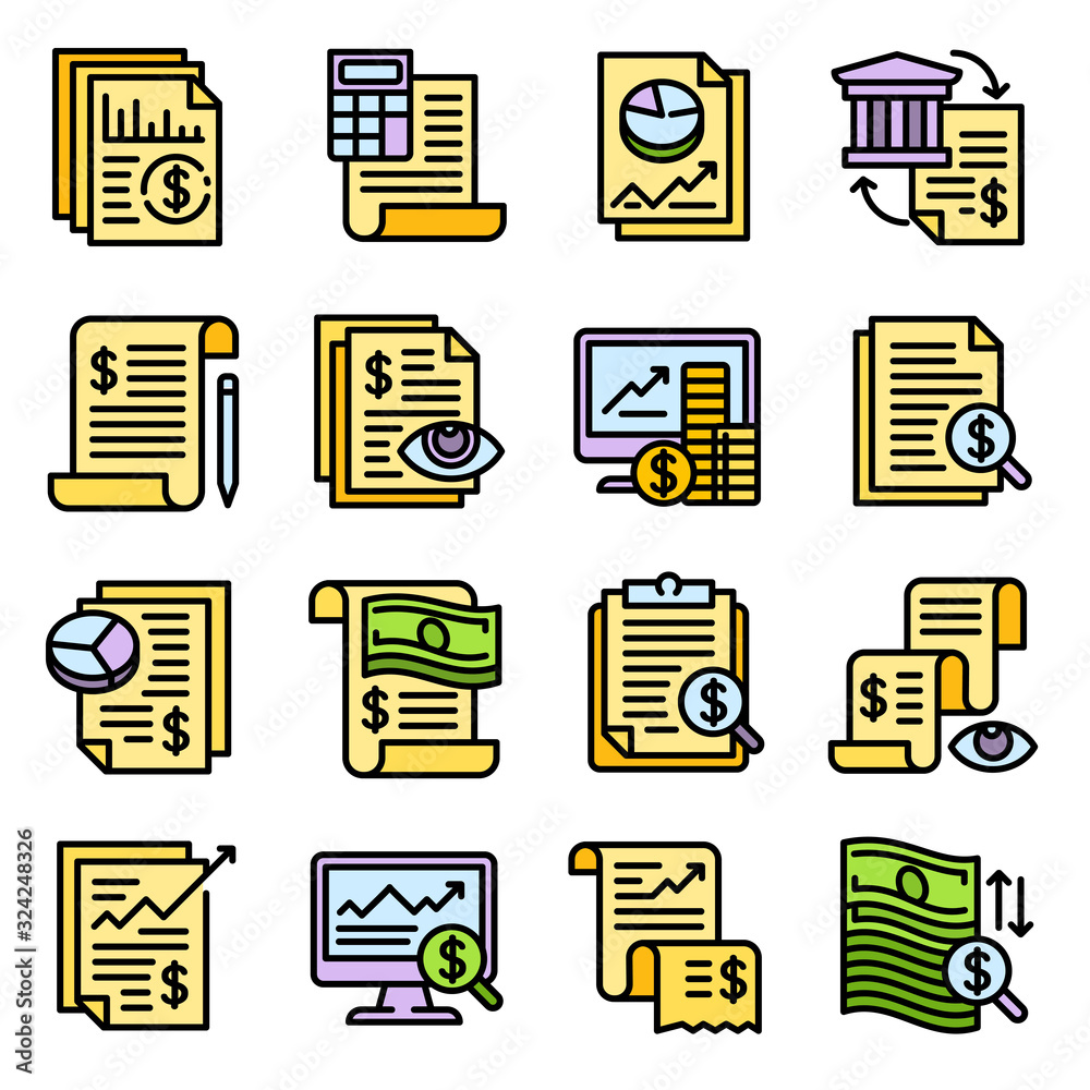 Poster expense report icons set. outline set of expense report vector icons for web design isolated on whit