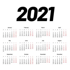 Calendar for 2021 year in clean minimal style. Week Starts on Monday.