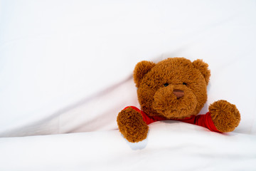 A cute teddy bear which is a gift for a kid lying on the white bed