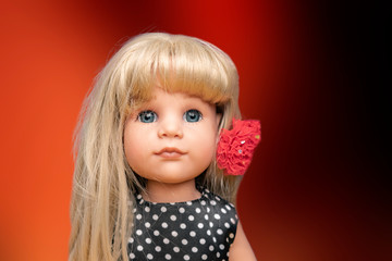 beautiful female doll face portrait close up with copy space, girl childhood toys