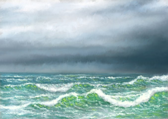 Digital oil paintings sea landscape, sea and blue sky. Fine art