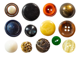 Set of various old sew-through cloth buttons isolated on the white