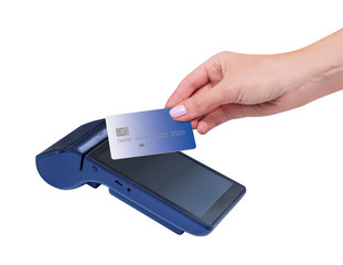 Modern blue payment terminal. Payment with a magnetic tape card. Hand holding a card. Isolated on white.