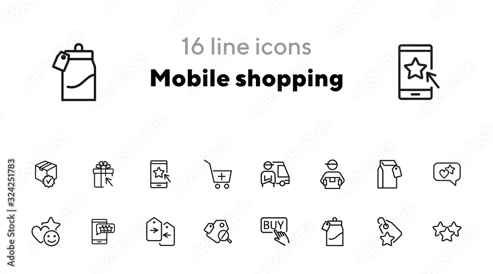 Sticker mobile shopping line icon set. set of line icons on white background. paper packet, mark, star. onli