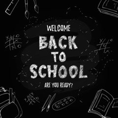 Fototapeta premium Back to school cute funny text with school supplies and educational elements. Concept design, banner, card, greeting. Vector illustration. 