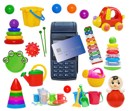 Payment for the purchase of toys by credit card with a modern blue payment terminal.