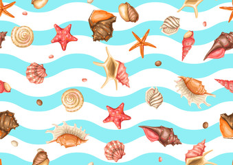 Seamless pattern with seashells. Tropical underwater mollusk shells.