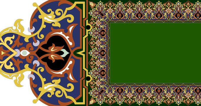 Dynamic color transitional animation with a Persian or Arabic carpet ornament. On a white background from right to left RTL. 4k video