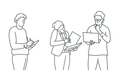 Line drawing illustration of business people writing, talking on mobile phone, using laptop.