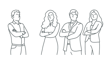 Fototapeta na wymiar Business people stand with arms crossed. Line drawing illustration.
