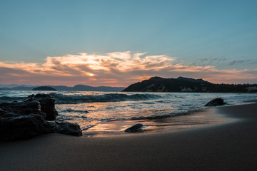 A beautiful magic moment, sunset at Gerakas turtle sandy beach in Zante, Zakynthos, Greece