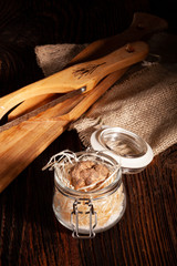 Fresh white truffle in glass jar.
